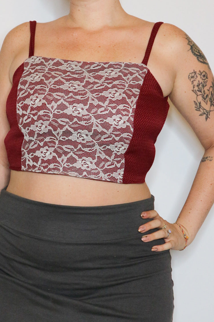 Red Lace Up Cycled Open Back Crop